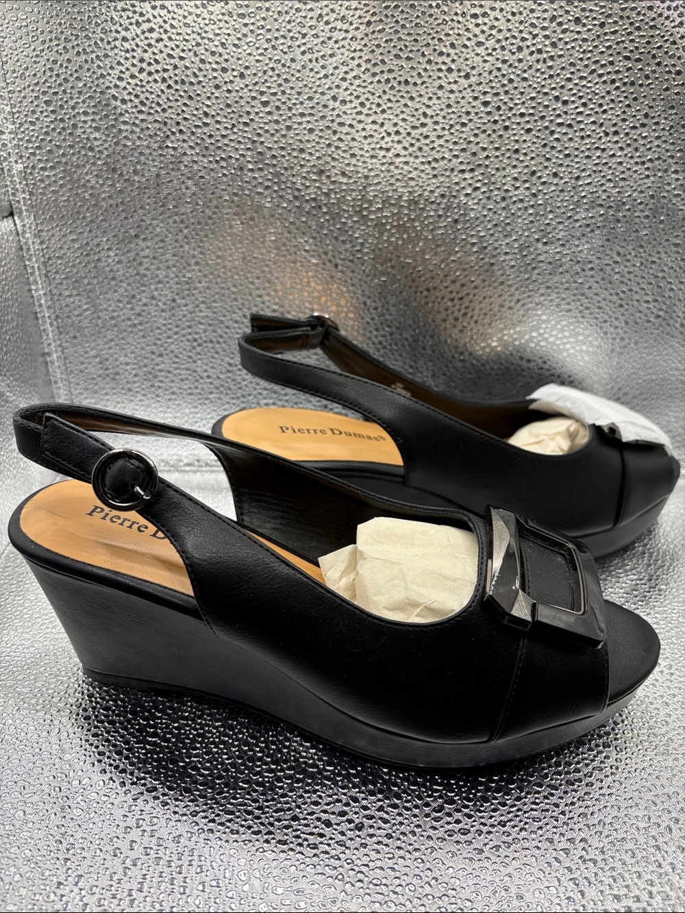 Pierre Dumas Black Slingback Wedge Sandals with Decorative Buckle NWOT